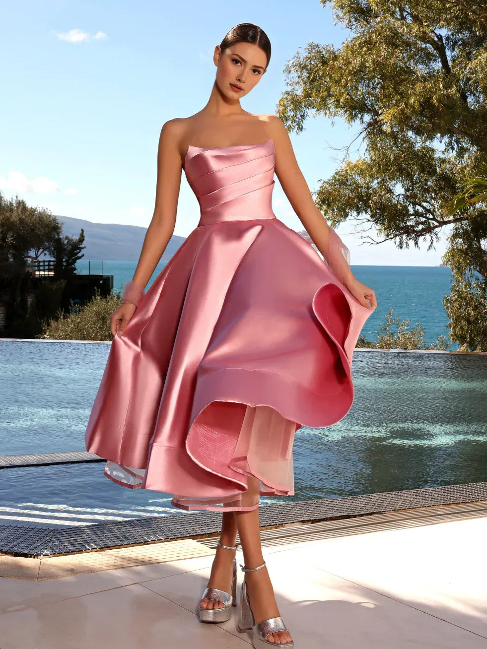 Ruched Corset Slit Sweetheart A-Line Tea-Length Satin Prom Dress for Special Occasion