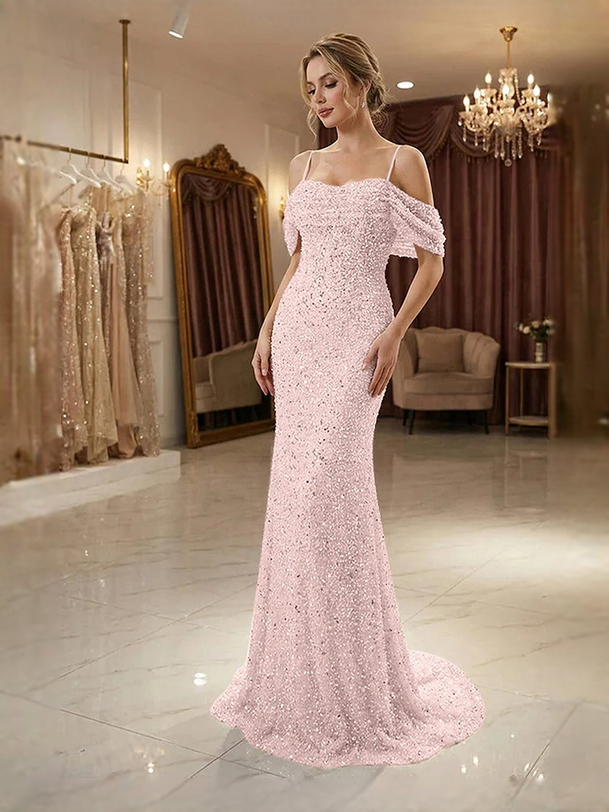 Ruffled Beaded Off Shoulder Mermaid Floor-Length Prom Dress for Prom Night