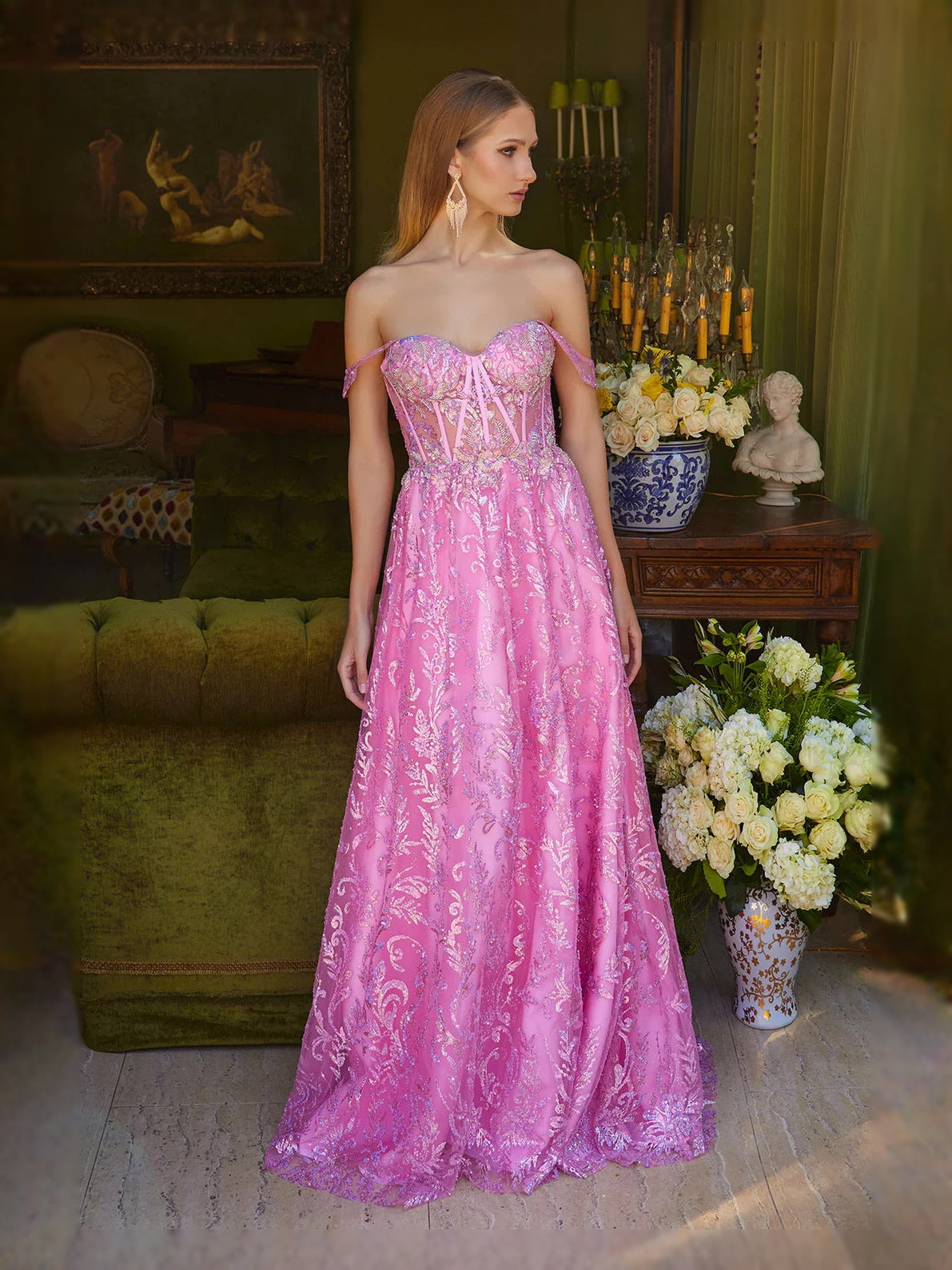 Pink Corset Embroidered Sweetheart A-Line Floor-Length Tulle Prom Dress for Charity Ball