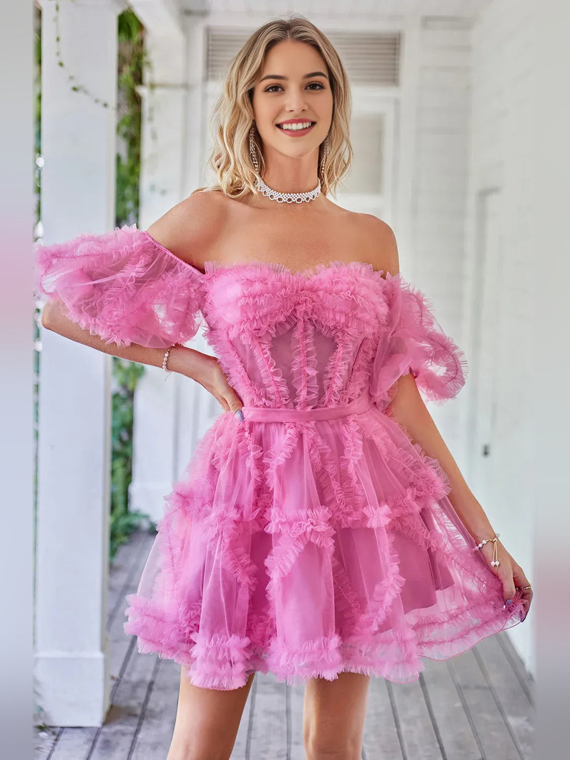 Corset Tiered Ruffled Off Shoulder A-Line Mini Tulle Homecoming Dress for Wedding Reception