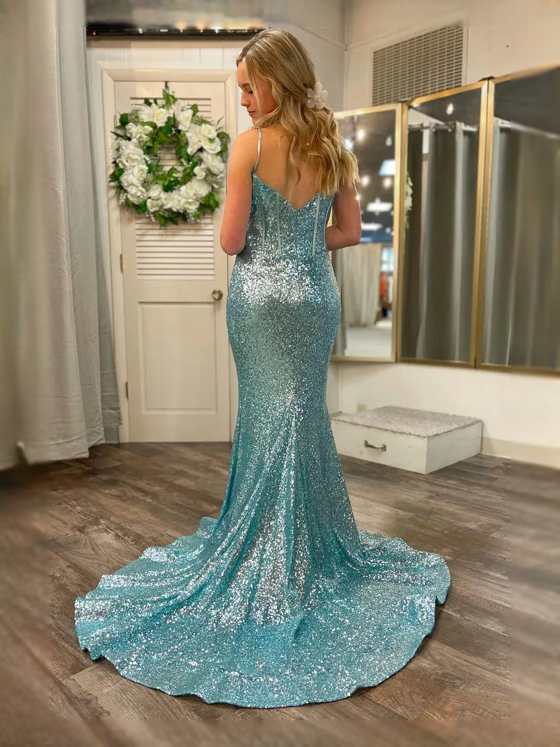 Draped Sequin Backless V Neck Mermaid Maxi Prom Dress for Gala
