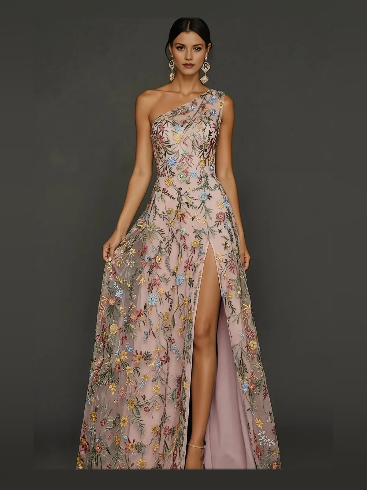 Side-Slit Layered Floral Slit One Shoulder A-Line Maxi Tulle Prom Dress for Celebration Dinner