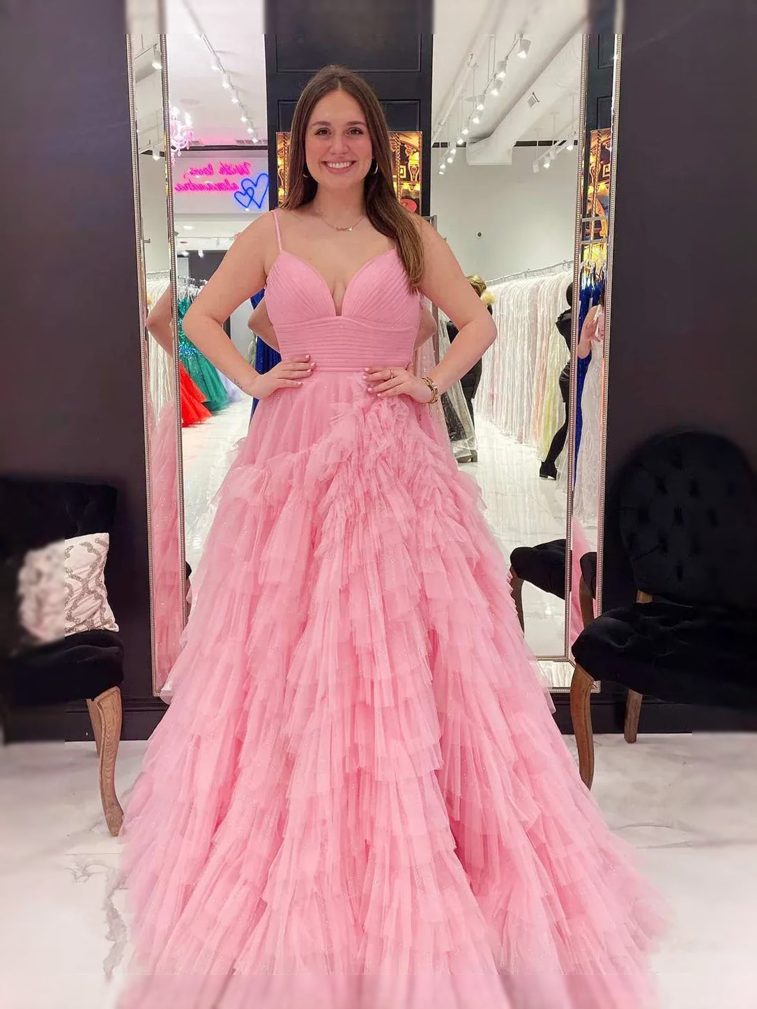 Pleated Draped Ruffled V Neck A-Line Maxi Tulle Prom Dress for Formal Reception