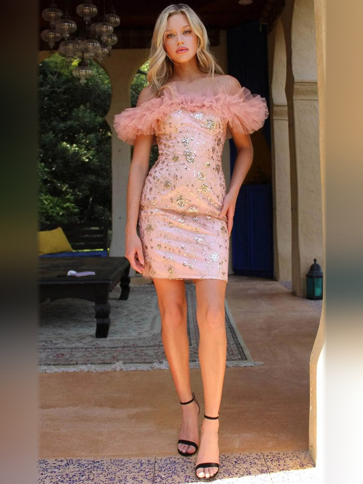 Ruffled Glitter Floral Off Shoulder Bodycon Mini Tulle Homecoming Dress for Celebration Night