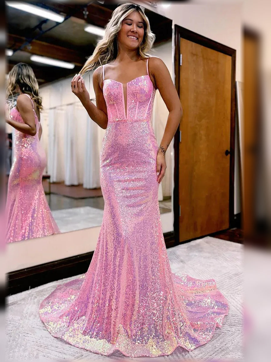 Sweetheart Spaghetti Strap Corset Floor-Length Sparkling Formal Dress