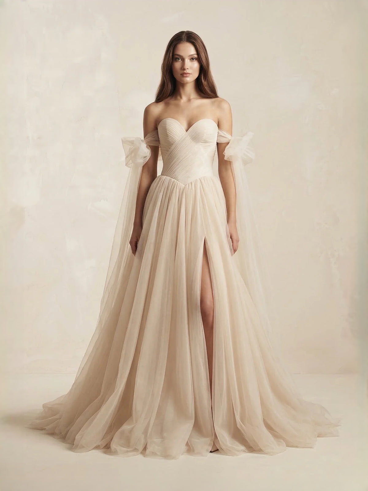 Champagne Ruched Pleated Slit Sweetheart A-Line Floor-Length Satin Prom Dress for Evening Banquet