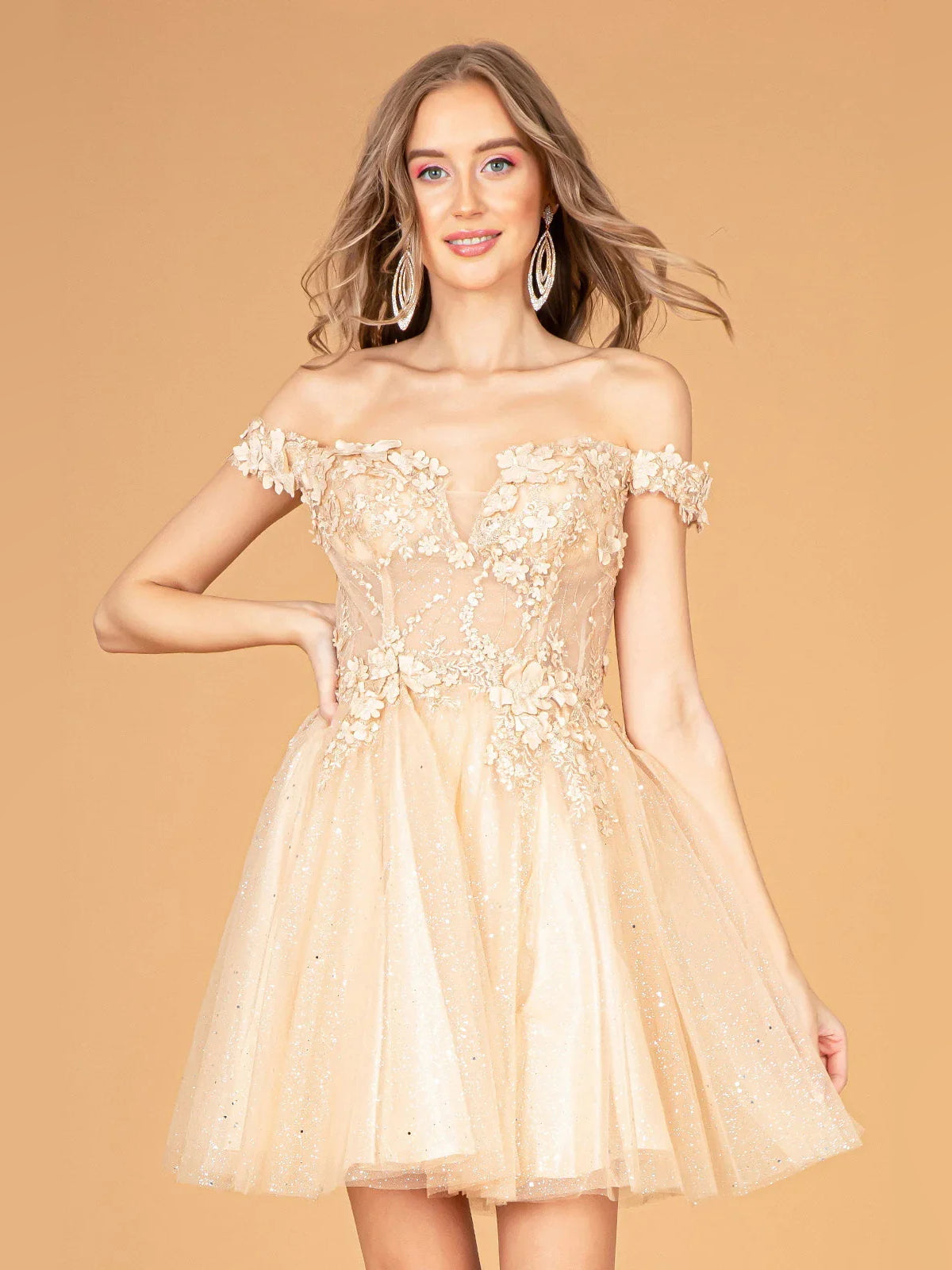 Corset Flower-Applique Floral Off Shoulder A-Line Mini Tulle Homecoming Dress for Dinner Dance