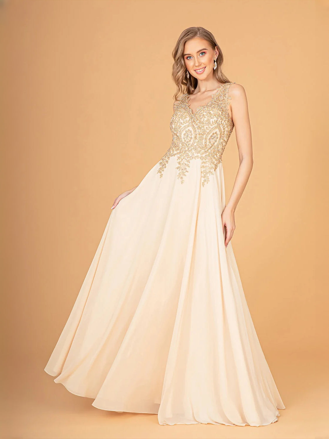 Beaded Embroidered V Neck A-Line Floor-Length Chiffon Prom Dress for Charity Ball