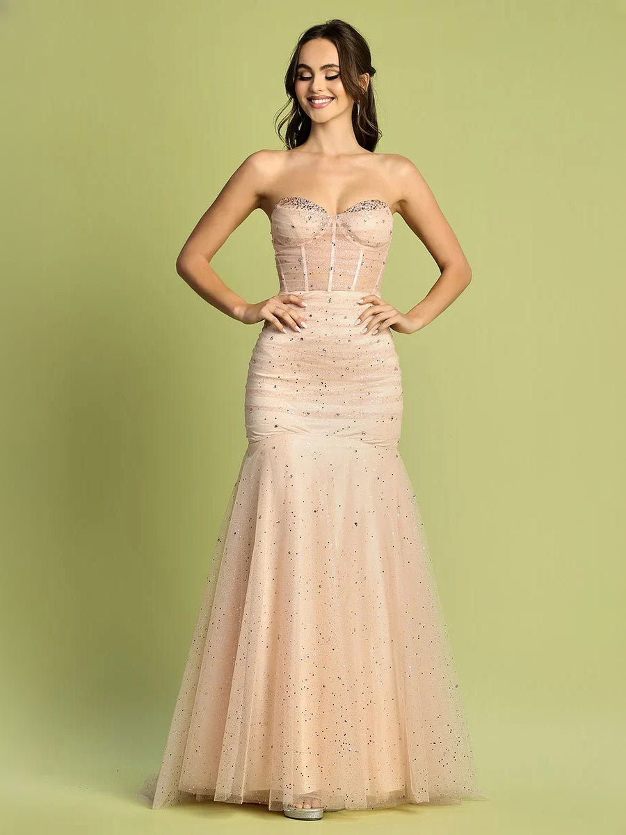 Ruched Corset Strapless Mermaid Floor-Length Tulle Prom Dress for Formal Dance