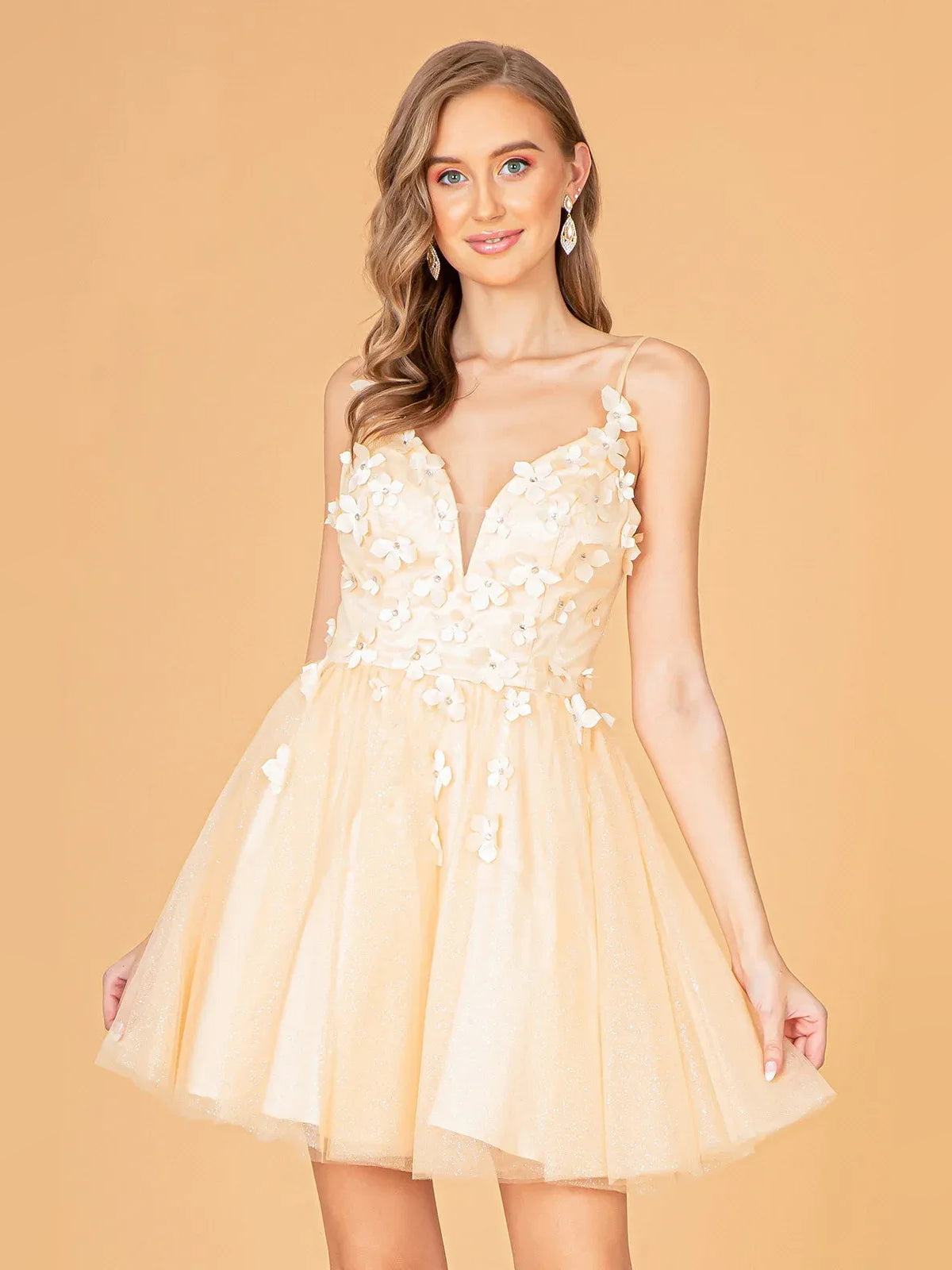 Corset Flower-Applique Floral V Neck A-Line Mini Tulle Homecoming Dress for Gala Reception