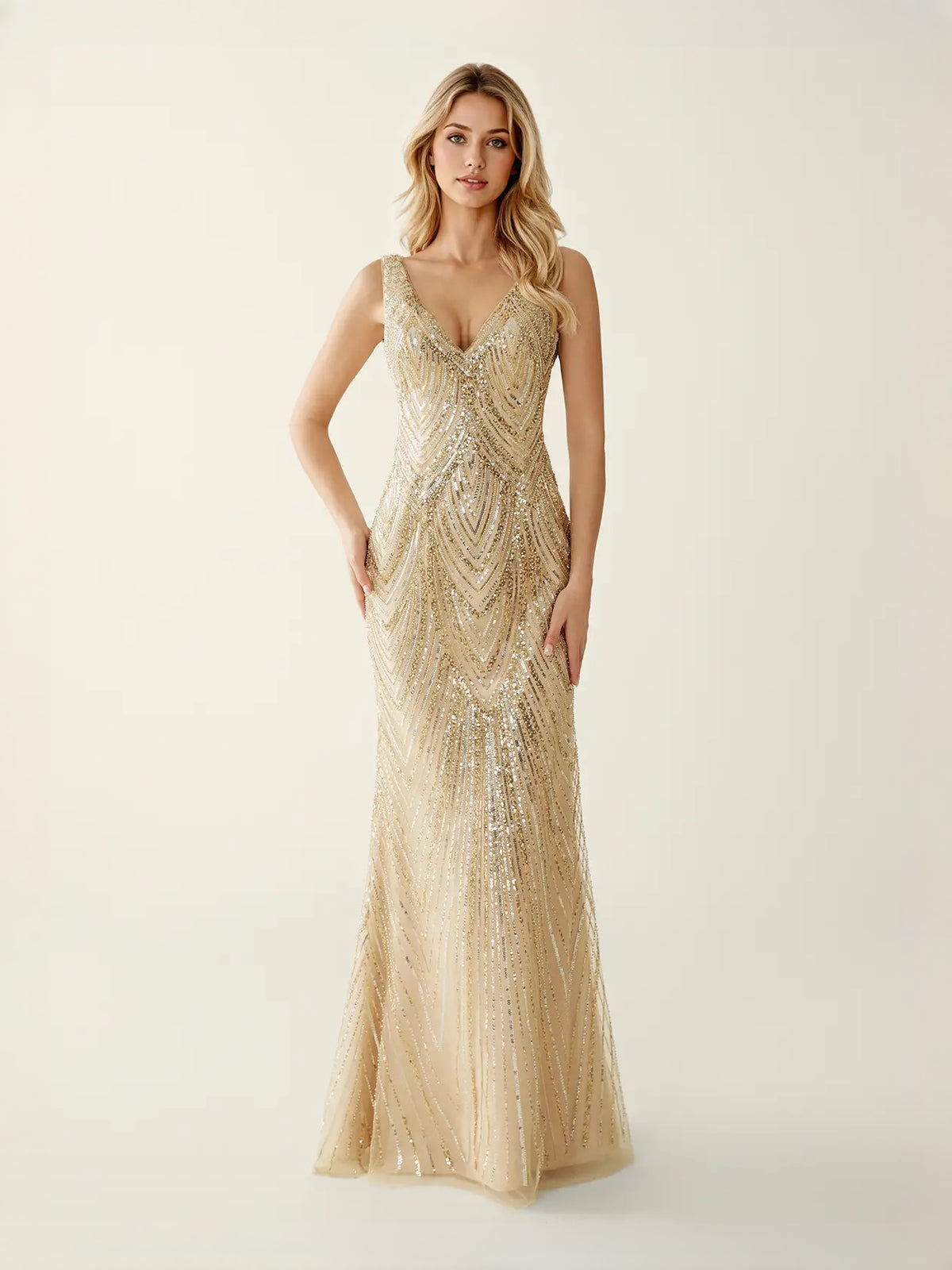 Sequin V Neck Mermaid Maxi Prom Dress for Evening Ceremony