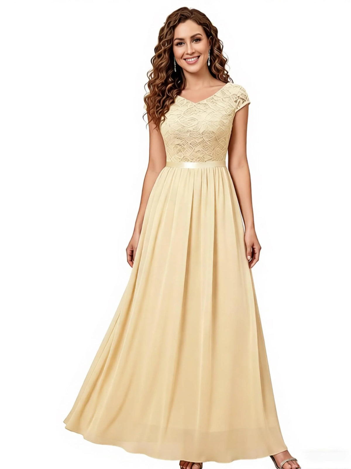 Champagne V Neck A-Line Floor-Length Satin Prom Dress for Hotel Gala