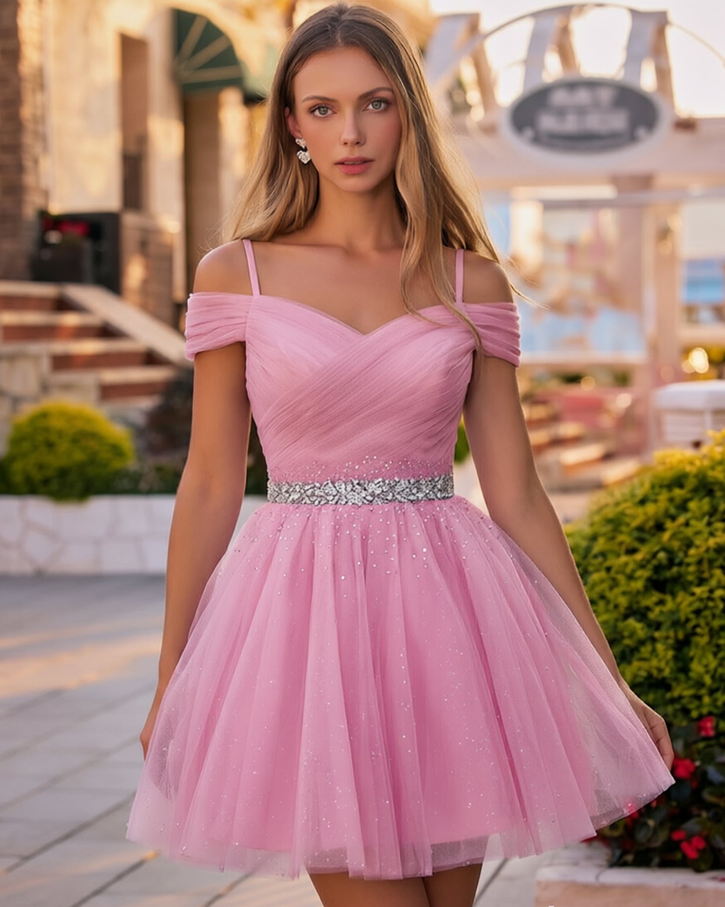 Off-Shoulder V-Neck Tulle Short Homecoming Dress with Beaded Waist