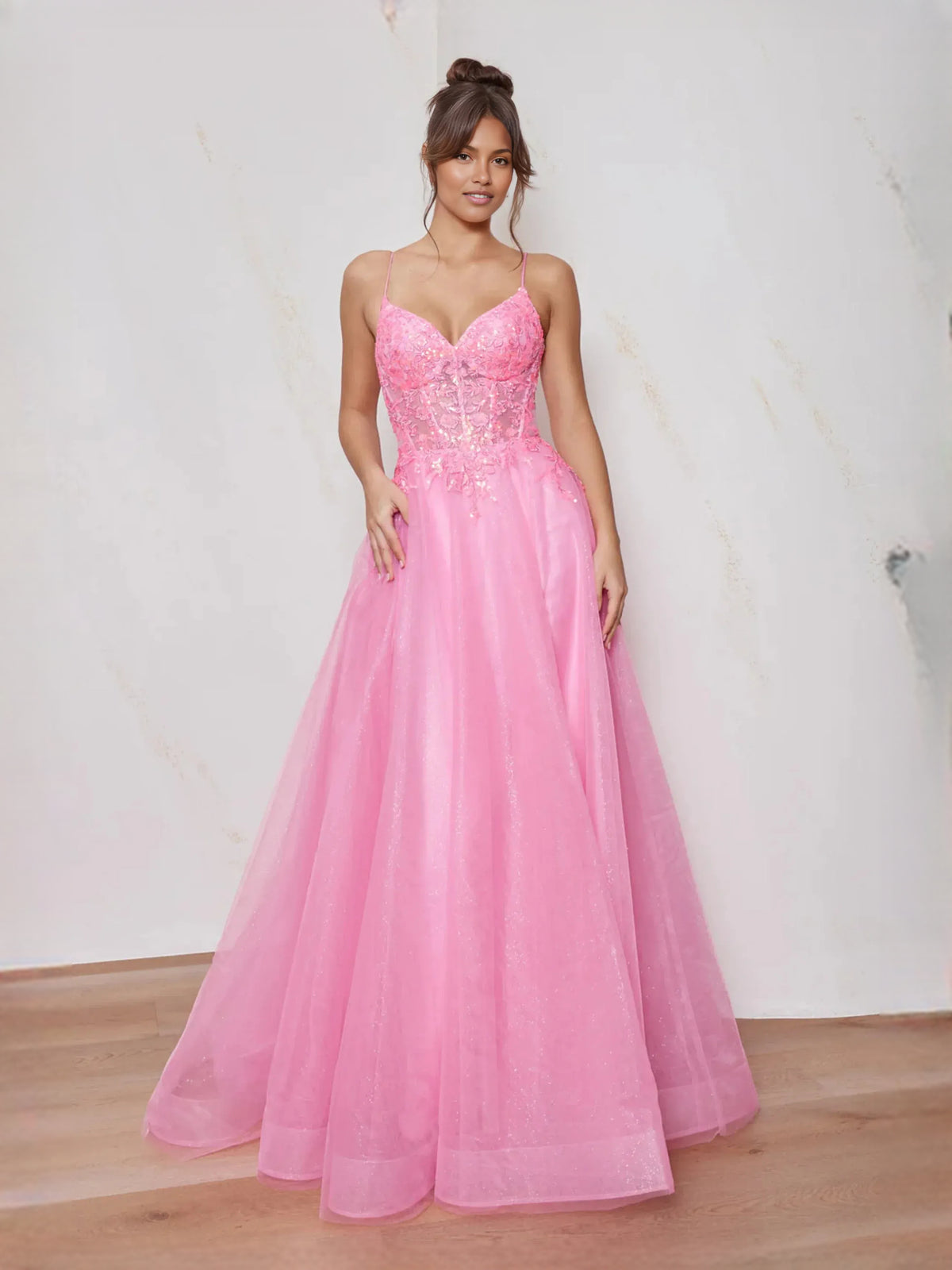 Corset Flower-Applique Floral Sweetheart A-Line Floor-Length Tulle Prom Dress for Formal Reception