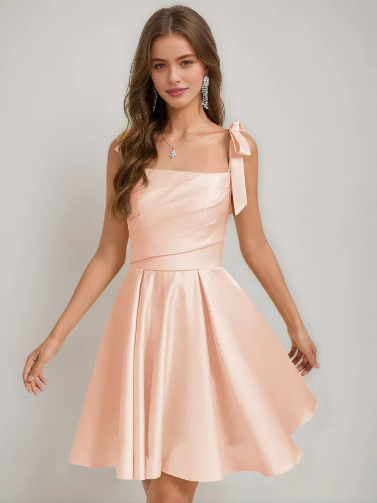 Corset Bow Square Neck A-Line Short Satin Homecoming Dress for Milestone Birthday