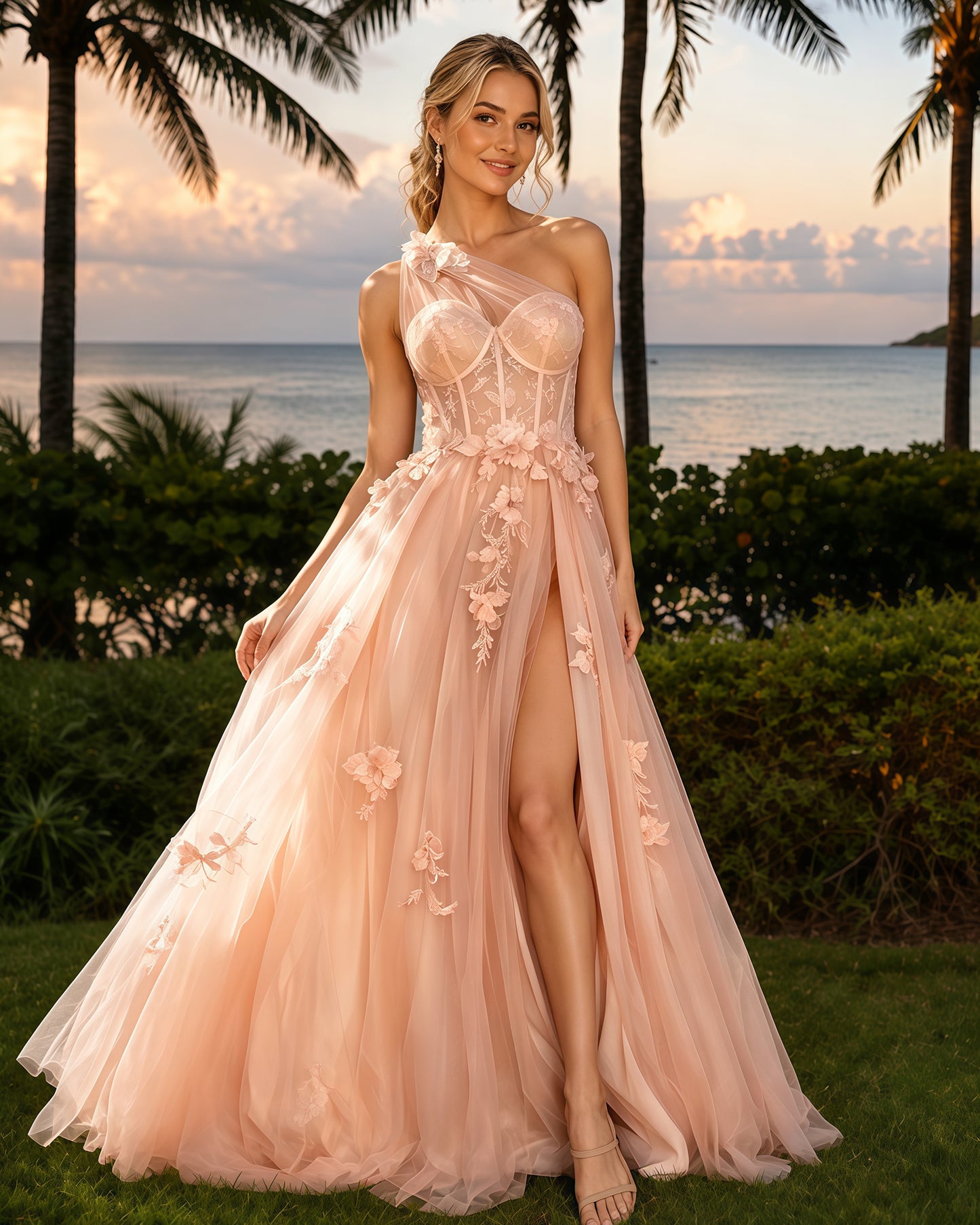 One-Shoulder Floral Applique Tulle A-Line Prom Dress with High Slit