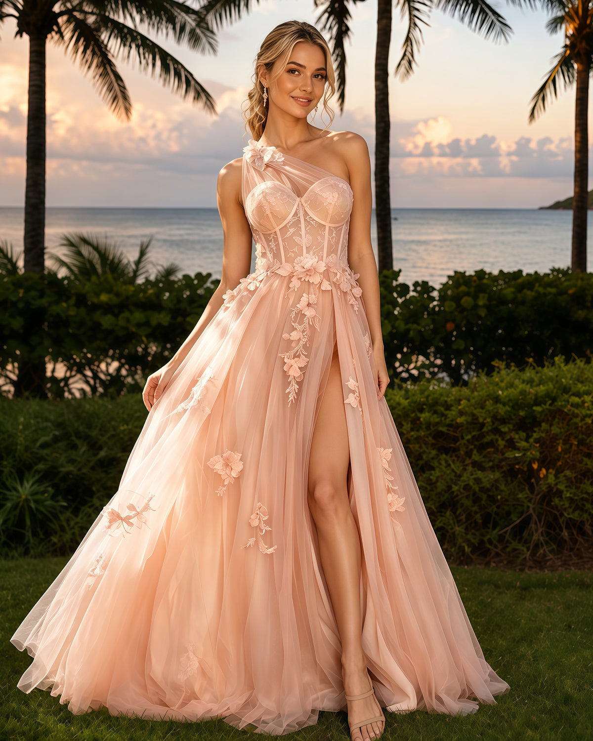 One-Shoulder Floral Applique Tulle A-Line Prom Dress with High Slit