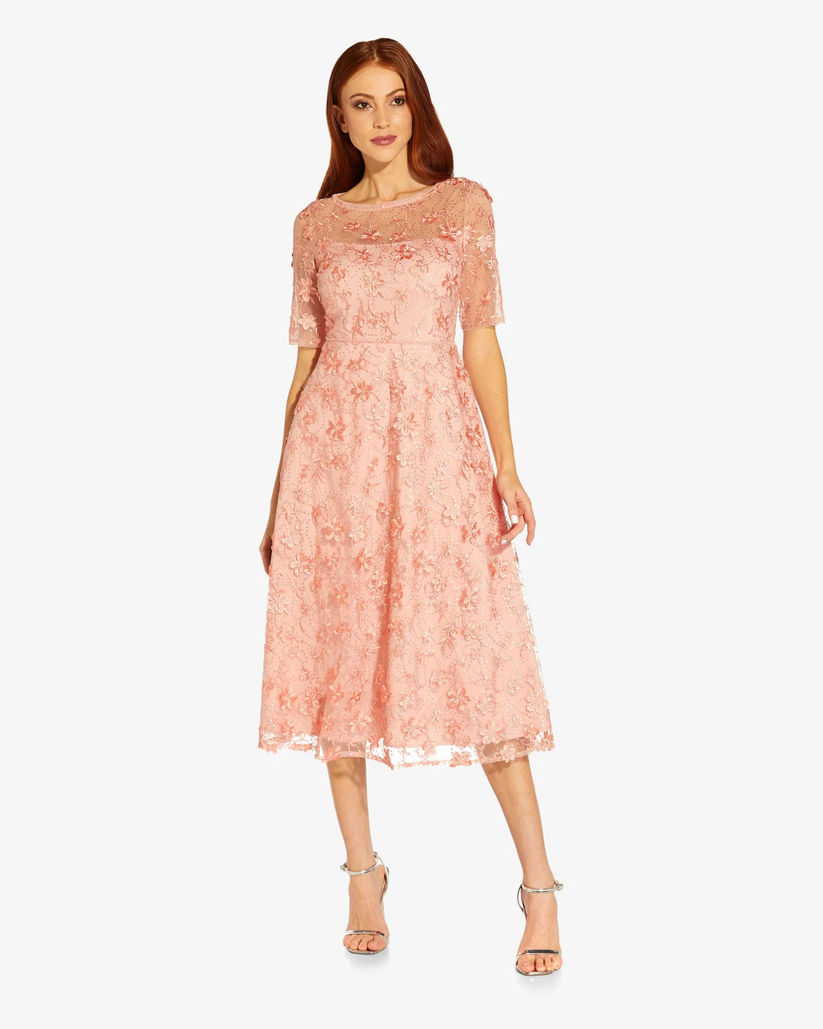 Floral Beaded Illusion Neck Fit-and-Flare Tea-Length Mother of the Bride Dress for Reception Dinner