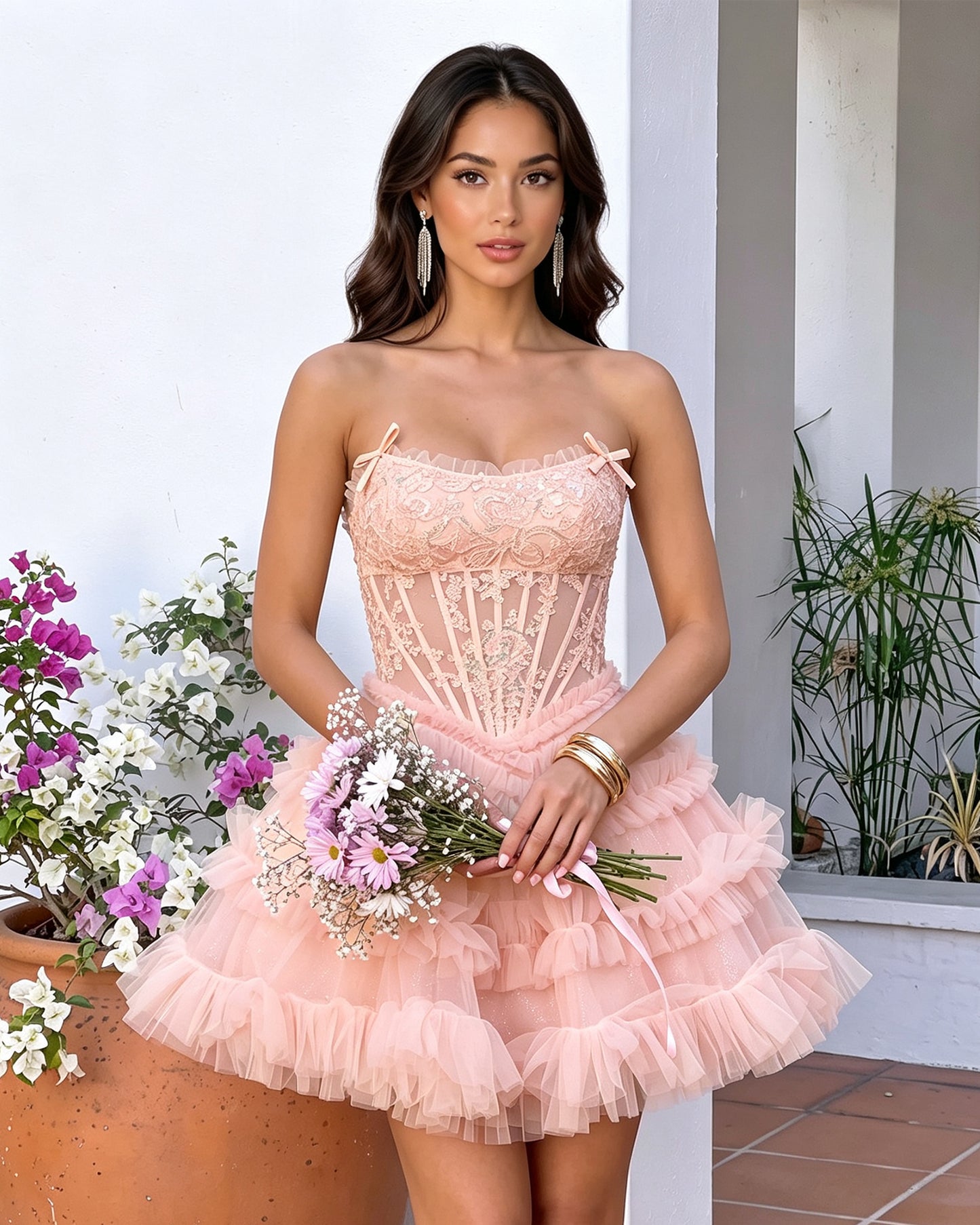 Spaghetti Strap Floral Lace Corset Tiered Tulle Mini Homecoming Dress