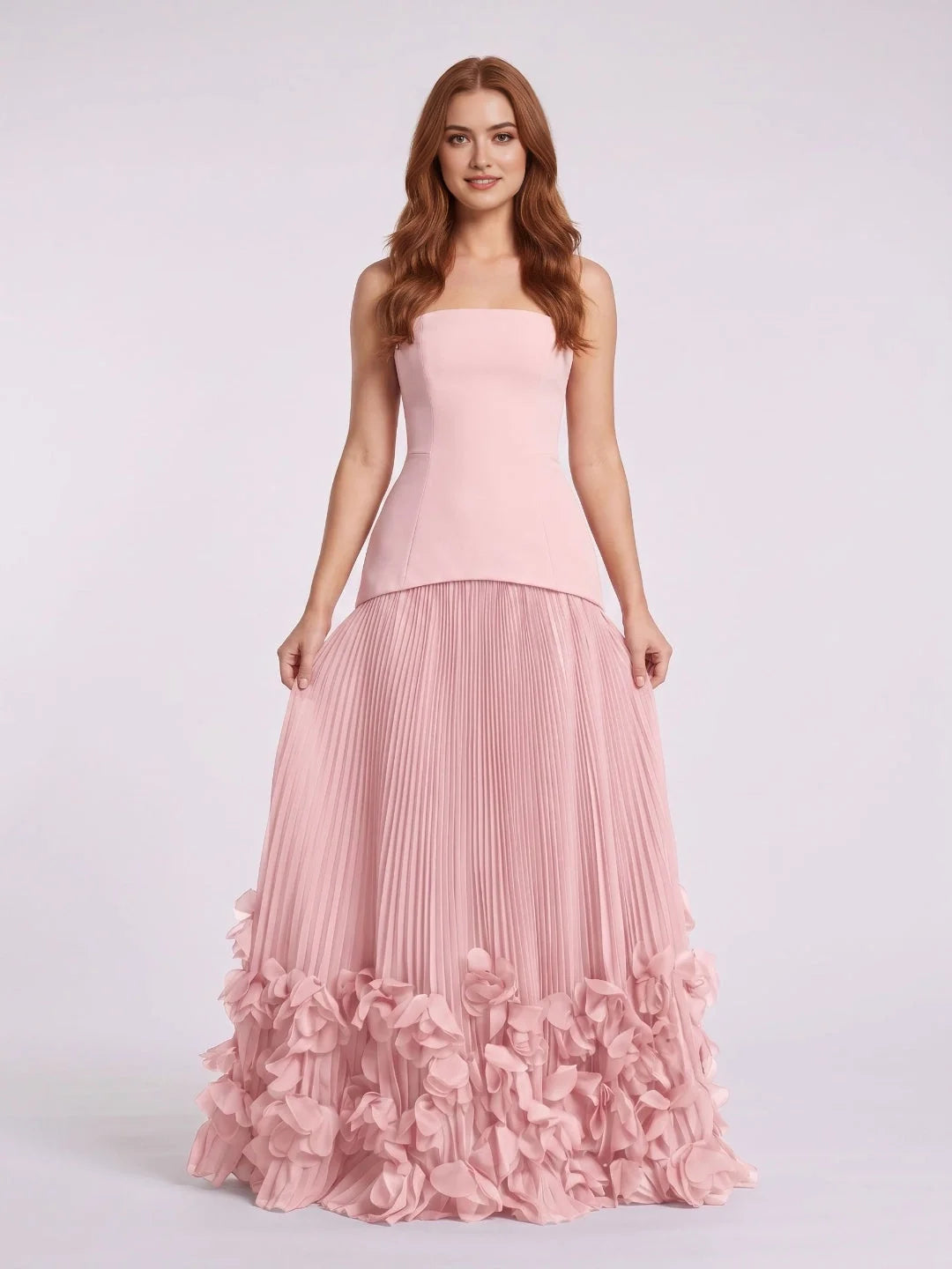 Pleated Corset Floral Ruffled Strapless A-Line Floor-Length Chiffon Wedding Dress for Destination Wedding