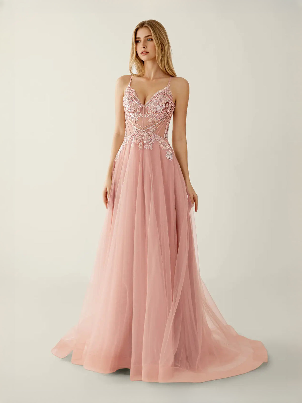 Corset Back-Slit Slit Sweetheart A-Line Floor-Length Tulle Prom Dress for Evening Banquet