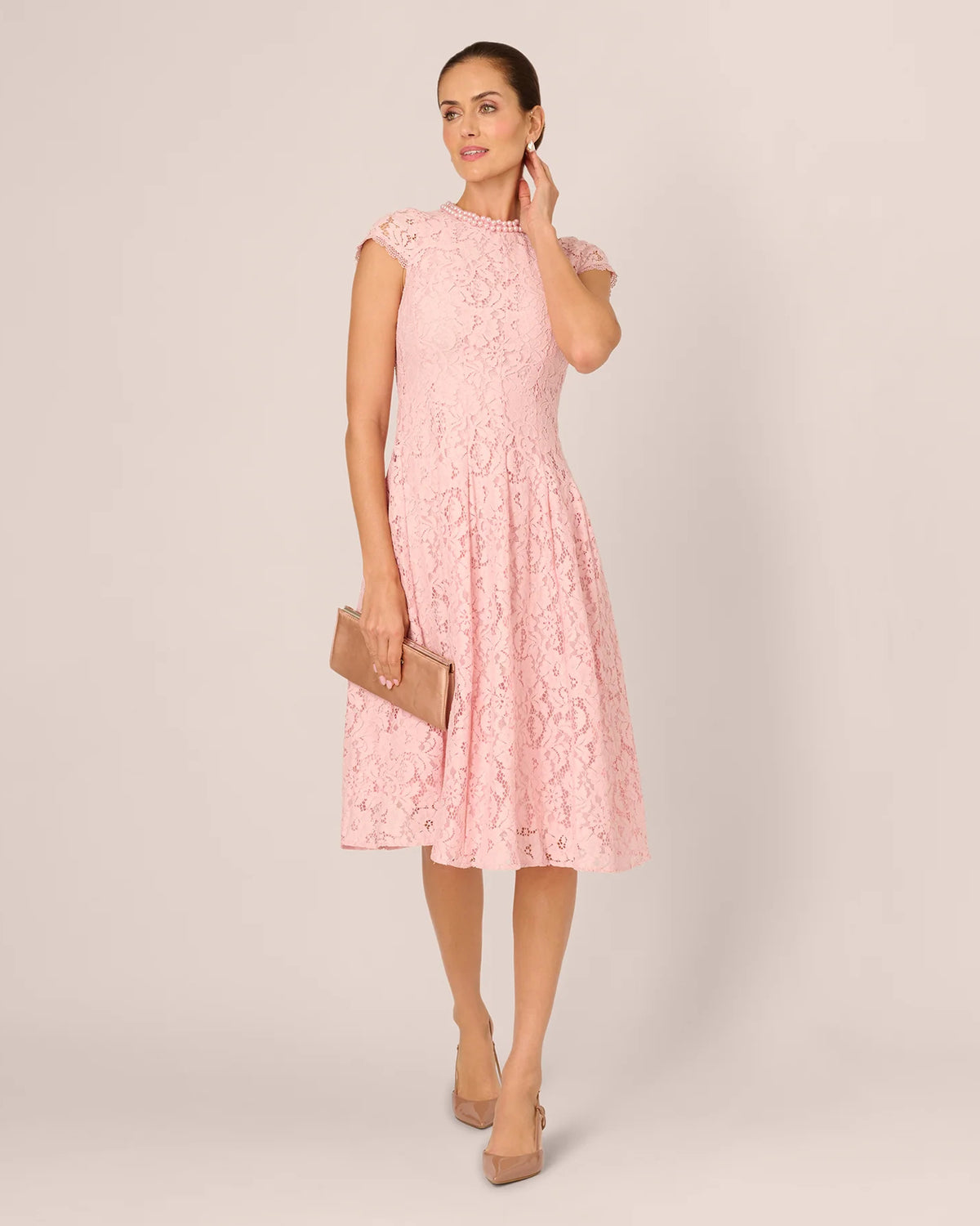 Lace Detail Cap-Sleeve A-Line Midi Mother of the Bride Dress for Rehearsal Dinner