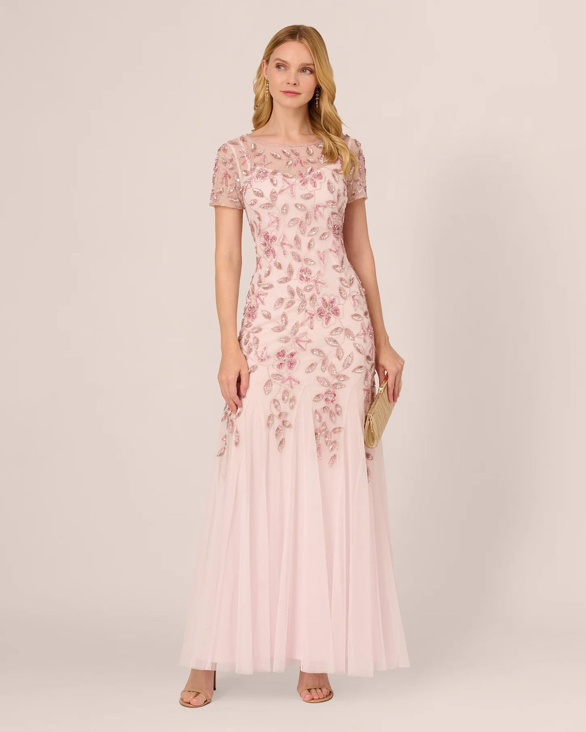Floral Print Short-Sleeve A-Line Maxi Mother of the Bride Dress for Wedding Ceremony