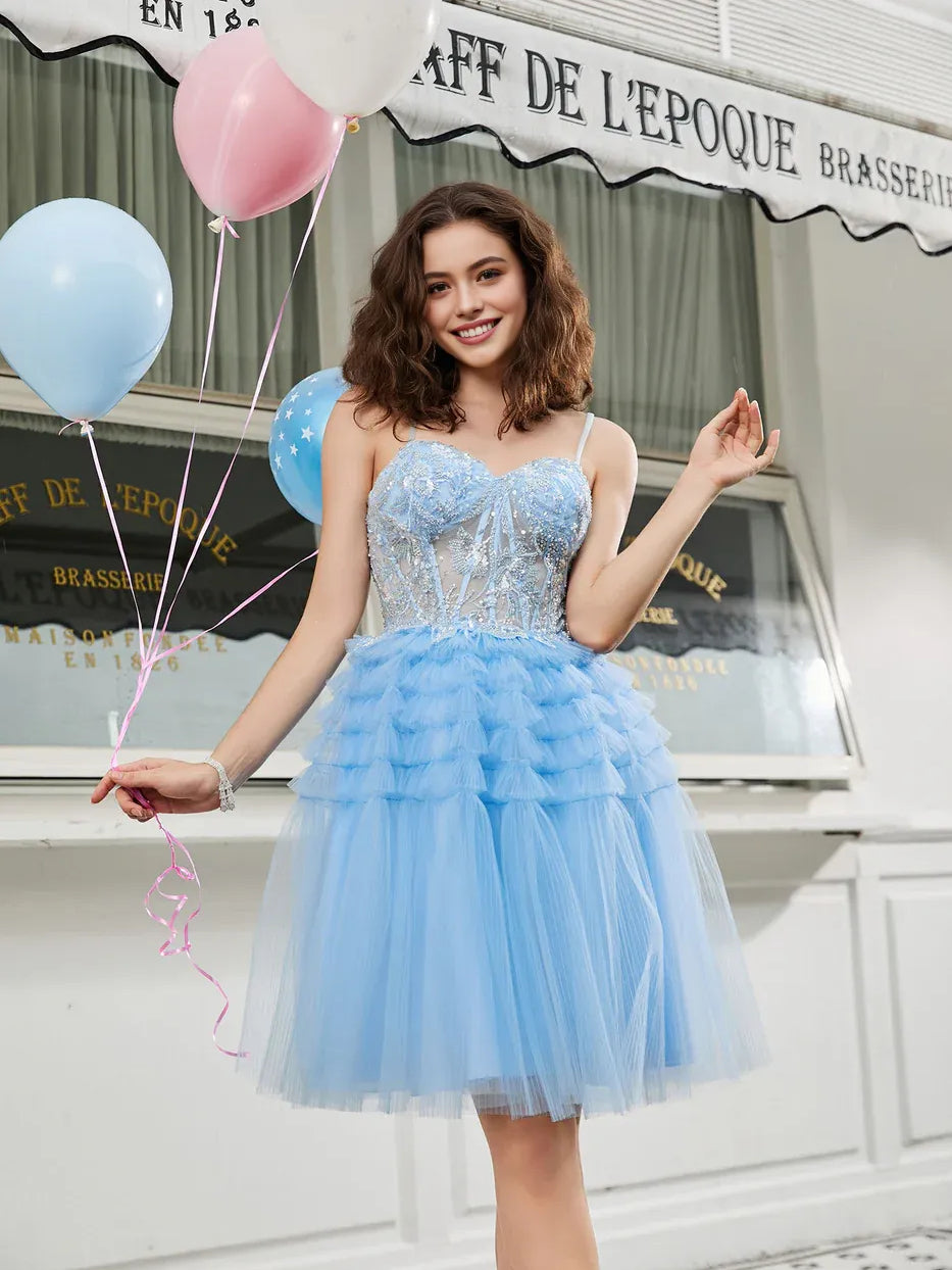 Corset Tiered Sweetheart A-Line Mini Tulle Homecoming Dress for Formal Reception