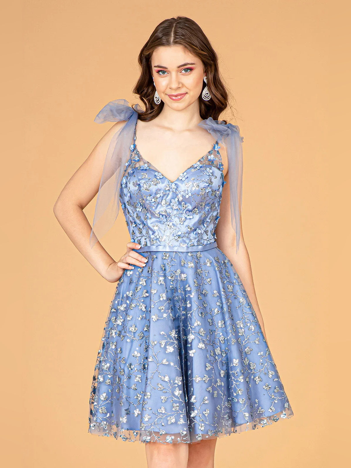 Corset Bow Floral V Neck A-Line Mini Tulle Homecoming Dress for Opening Night
