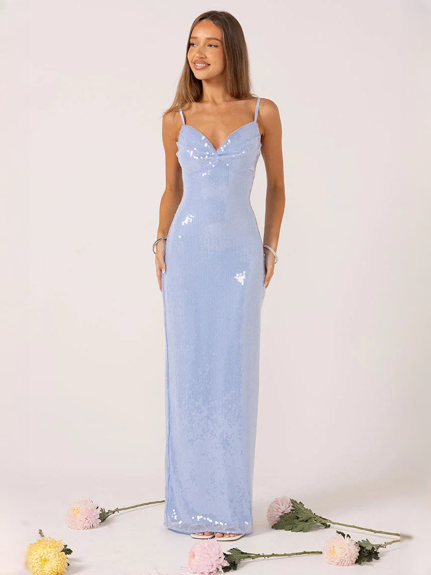 Sequin Slit V Neck Sheath Maxi Bridesmaid Dress for Wedding Reception