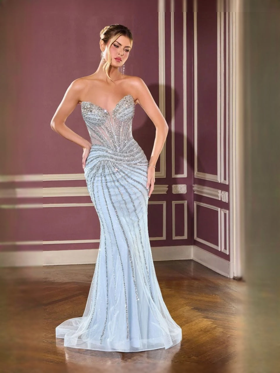 Corset Beaded Strapless Mermaid Floor-Length Tulle Prom Dress for Formal Party
