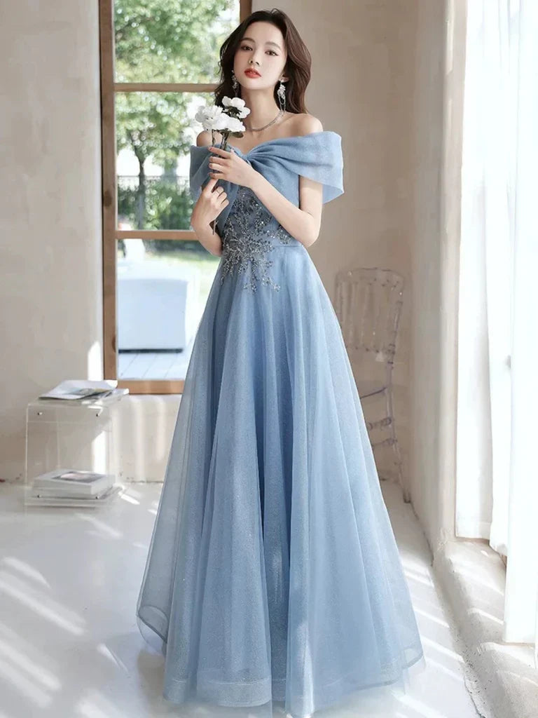 Light Blue Beaded Off Shoulder A-Line Floor-Length Tulle Prom Dress for Formal Reception