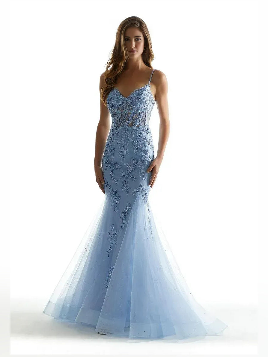 Light Blue Corset V Neck Mermaid Floor-Length Tulle Prom Dress for Formal Dance