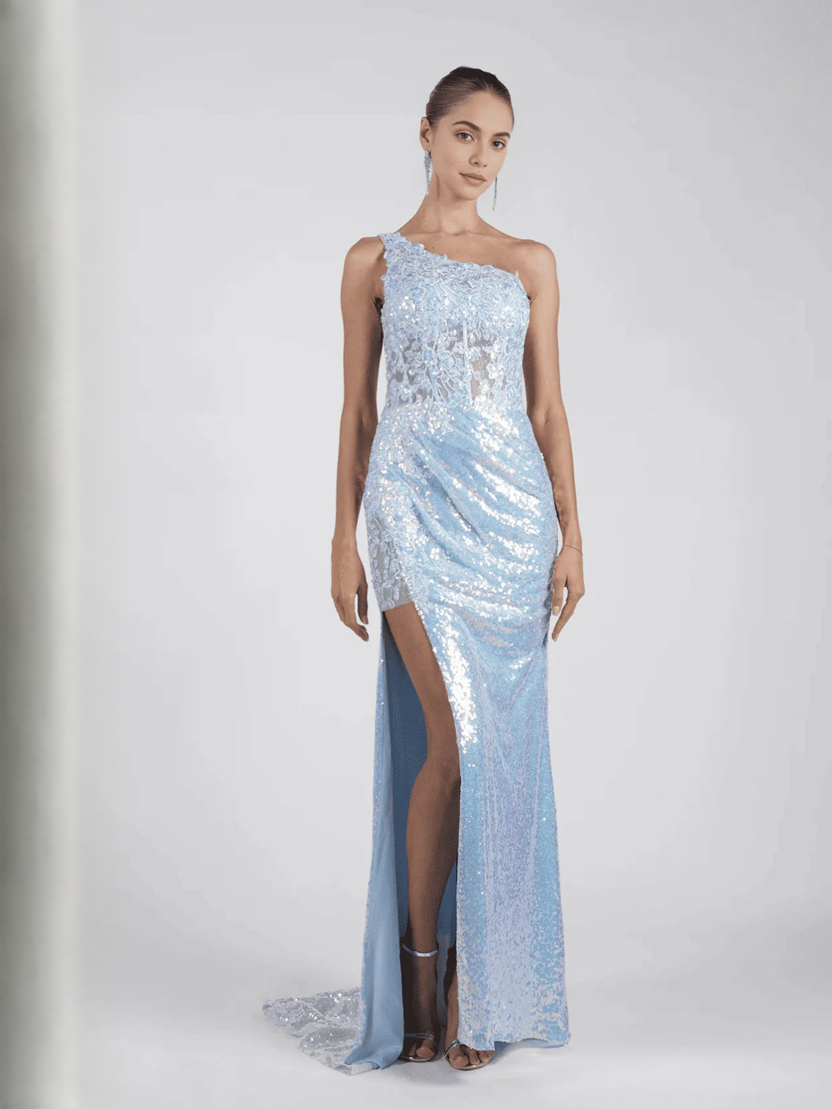 Light Blue Corset Front-Slit Floral Slit One Shoulder Mermaid Maxi Prom Dress for Awards Dinner