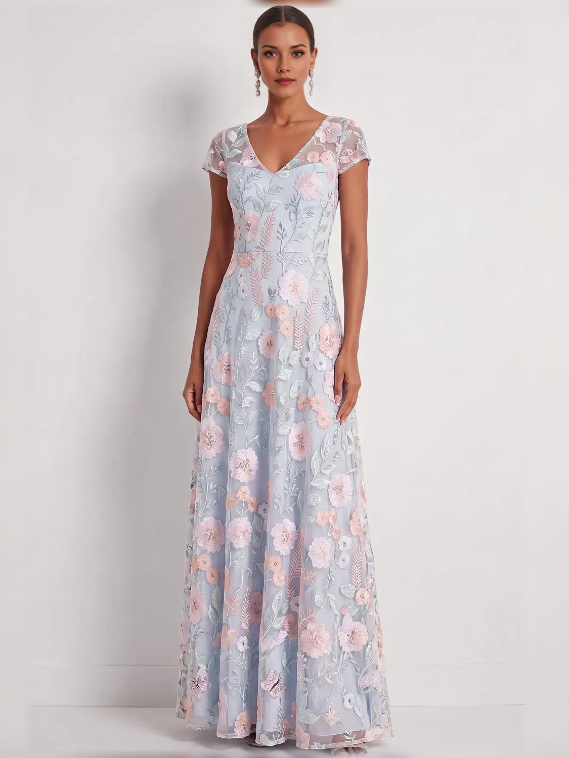 Floral Print V Neck Short Sleeves Maxi Formal Dress