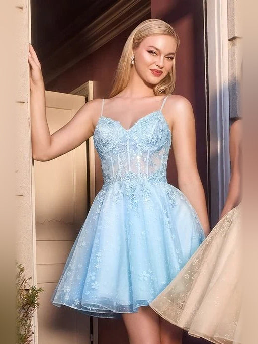 Corset Floral Sweetheart A-Line Mini Tulle Homecoming Dress for Festive Dinner