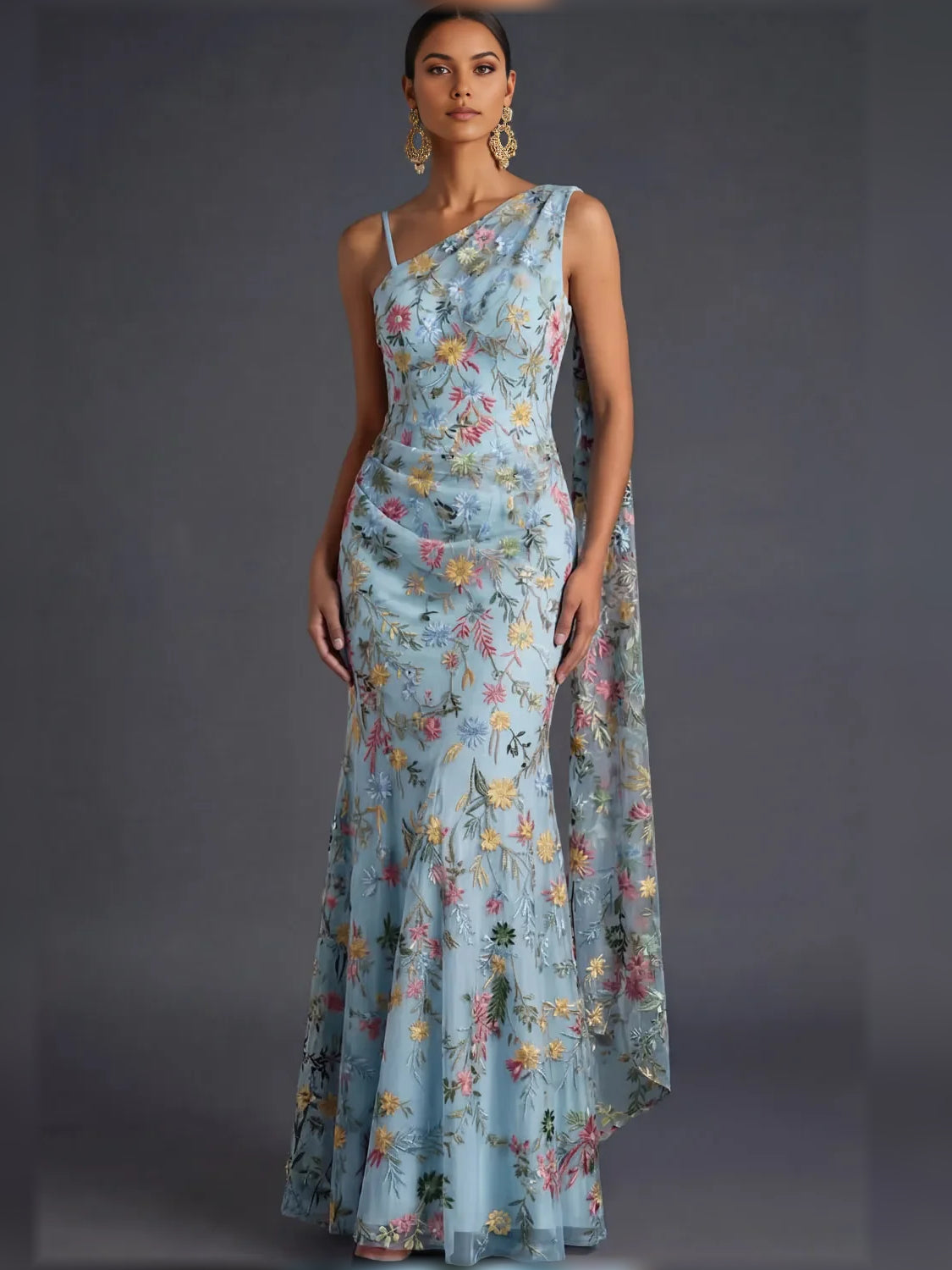 Floral Print One-Shoulder Open Back Floor-Length Formal Dress