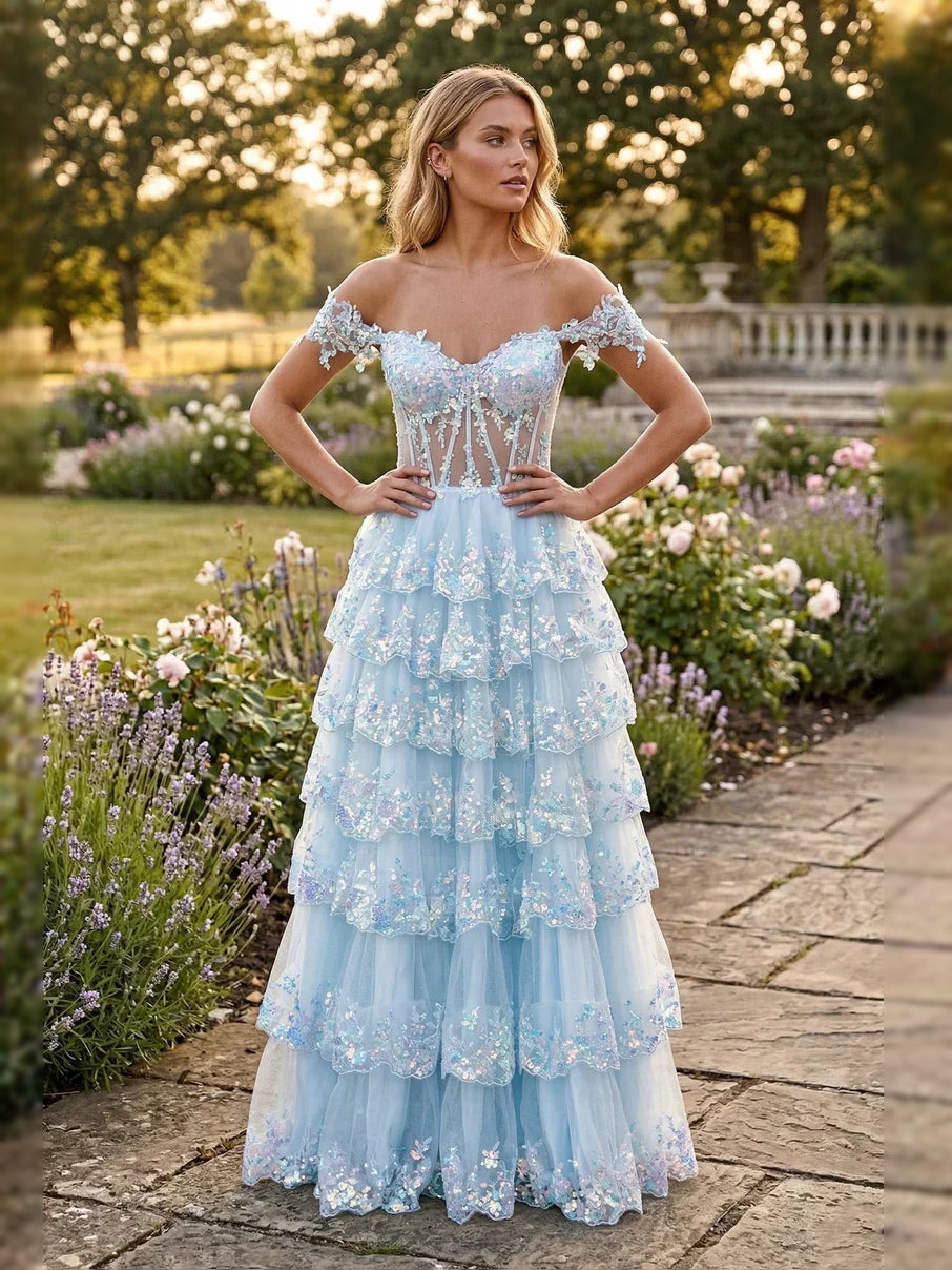 Corset Tiered Off Shoulder A-Line Maxi Tulle Prom Dress for Charity Ball