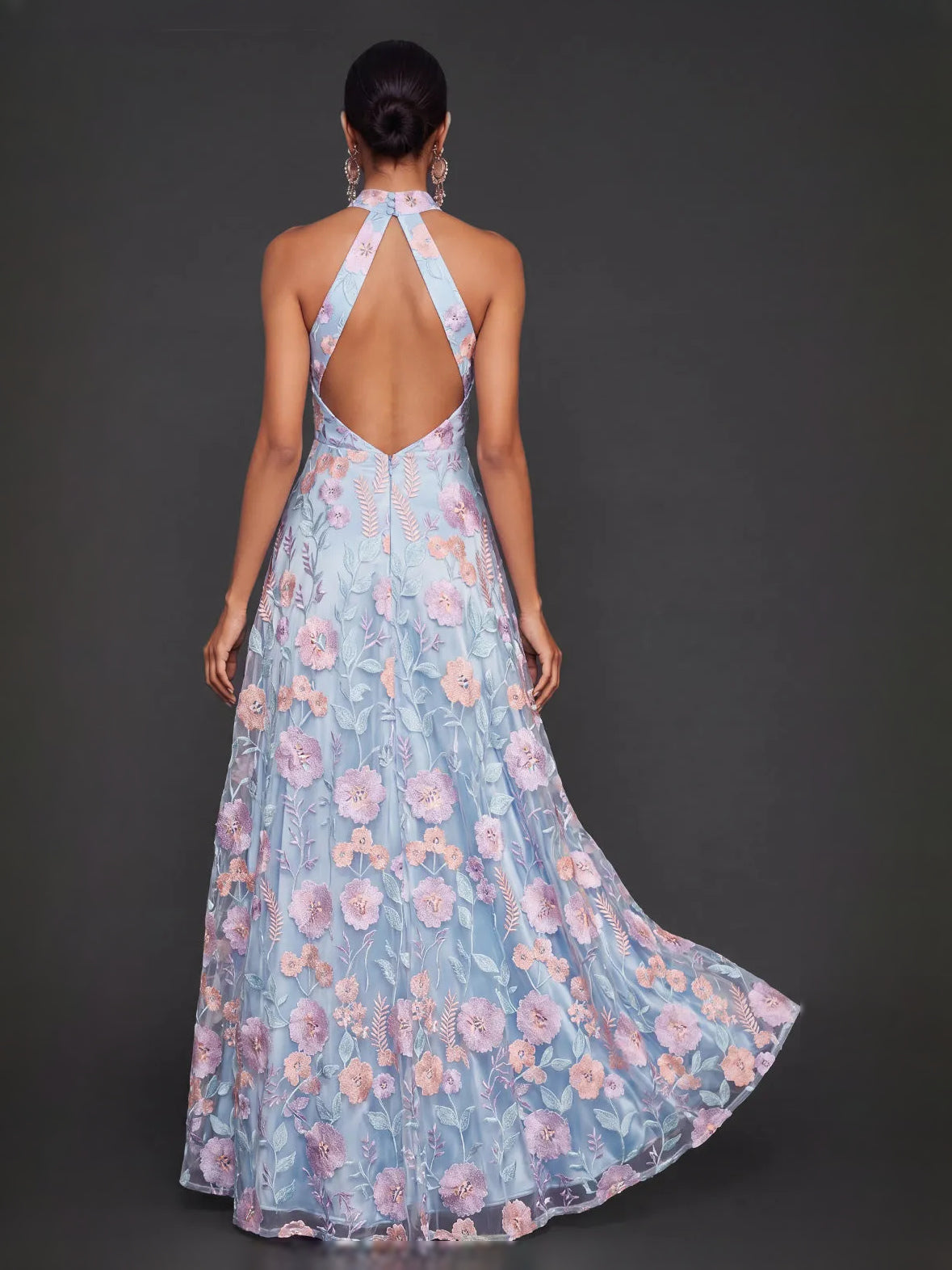 Light Blue Front-Slit Embroidered Floral Slit Halter Neck A-Line Maxi Tulle Prom Dress for Winter Formal