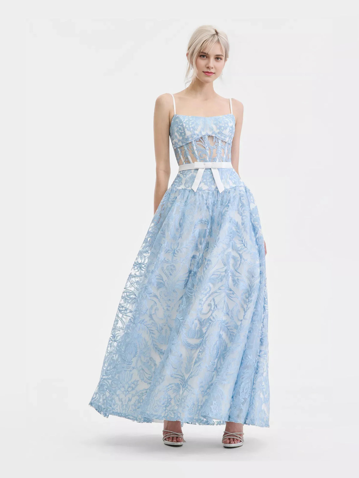 Light Blue Corset Bow Floral Square Neck A-Line Floor-Length Prom Dress for Formal Party