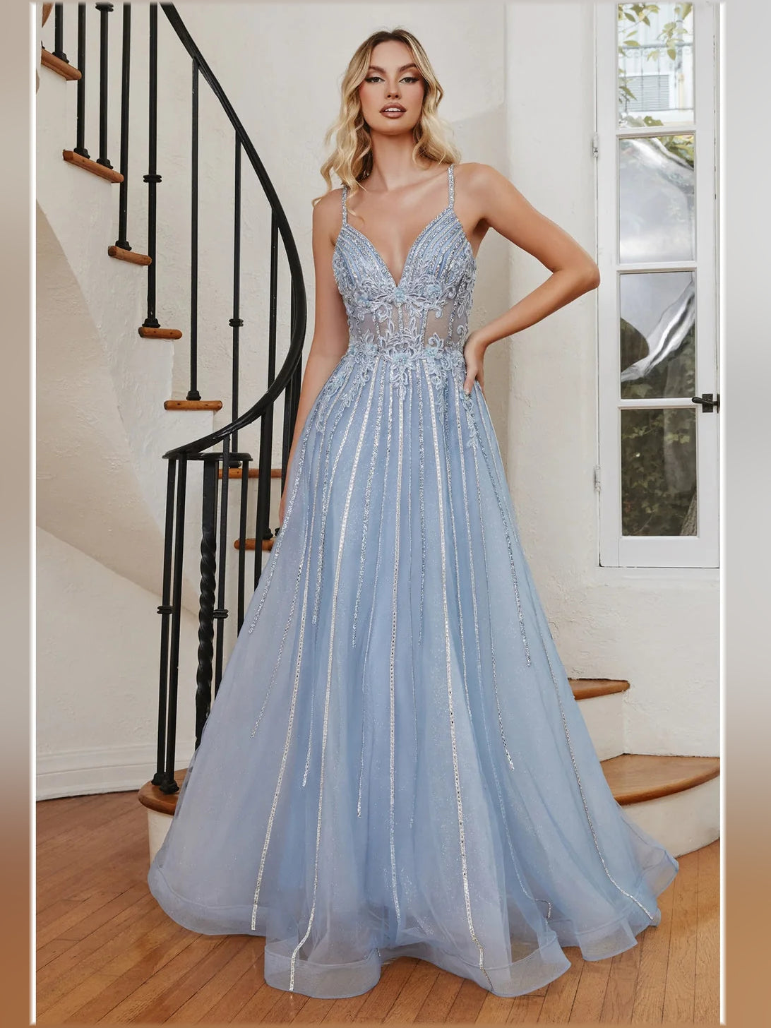 Corset Beaded V Neck A-Line Floor-Length Tulle Prom Dress for Awards Dinner