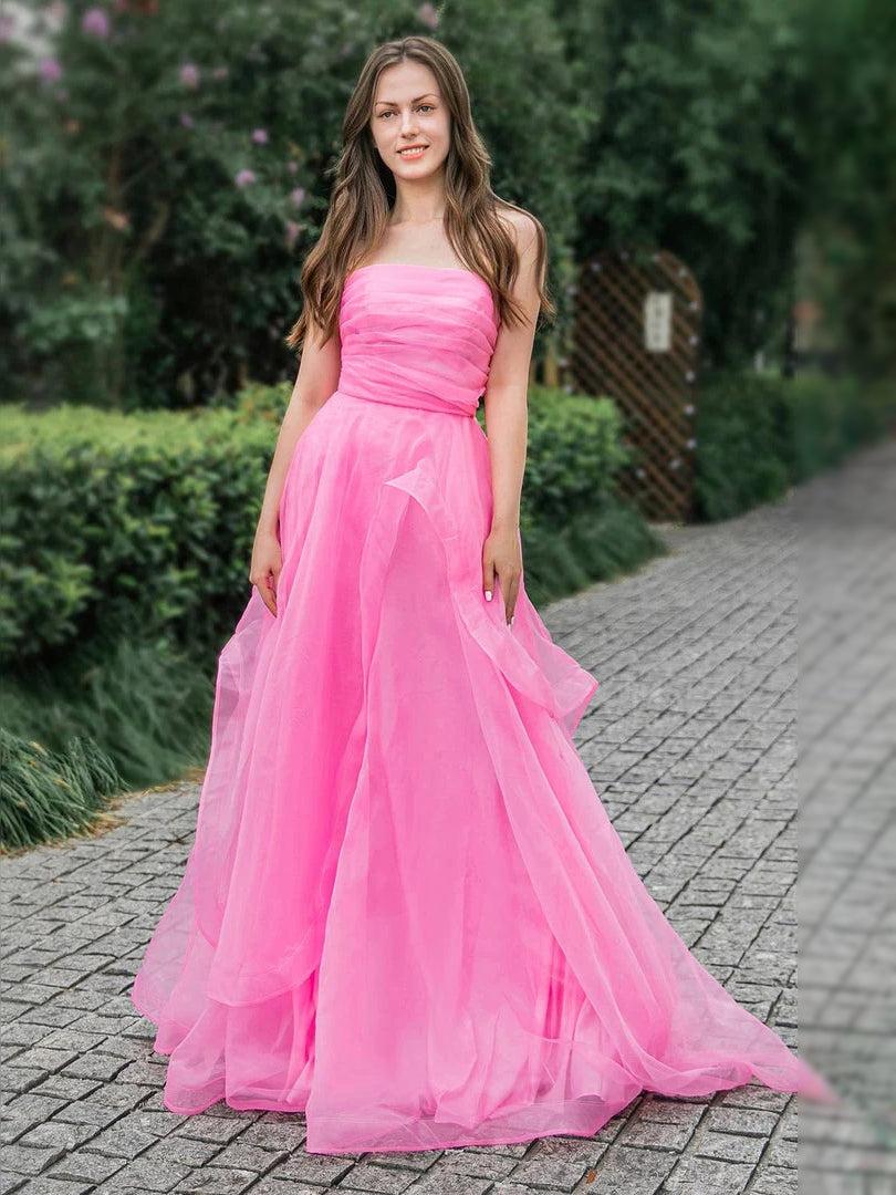 Hot Pink Ruched Ruffled Sweetheart A-Line Floor-Length Tulle Prom Dress for Pageant