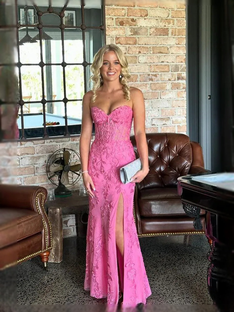 Hot Pink Corset Floral Slit Sweetheart Sheath Floor-Length Prom Dress for Red Carpet Event