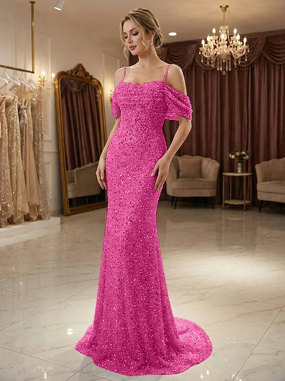 Ruffled Beaded Off Shoulder Mermaid Floor-Length Prom Dress for Prom Night