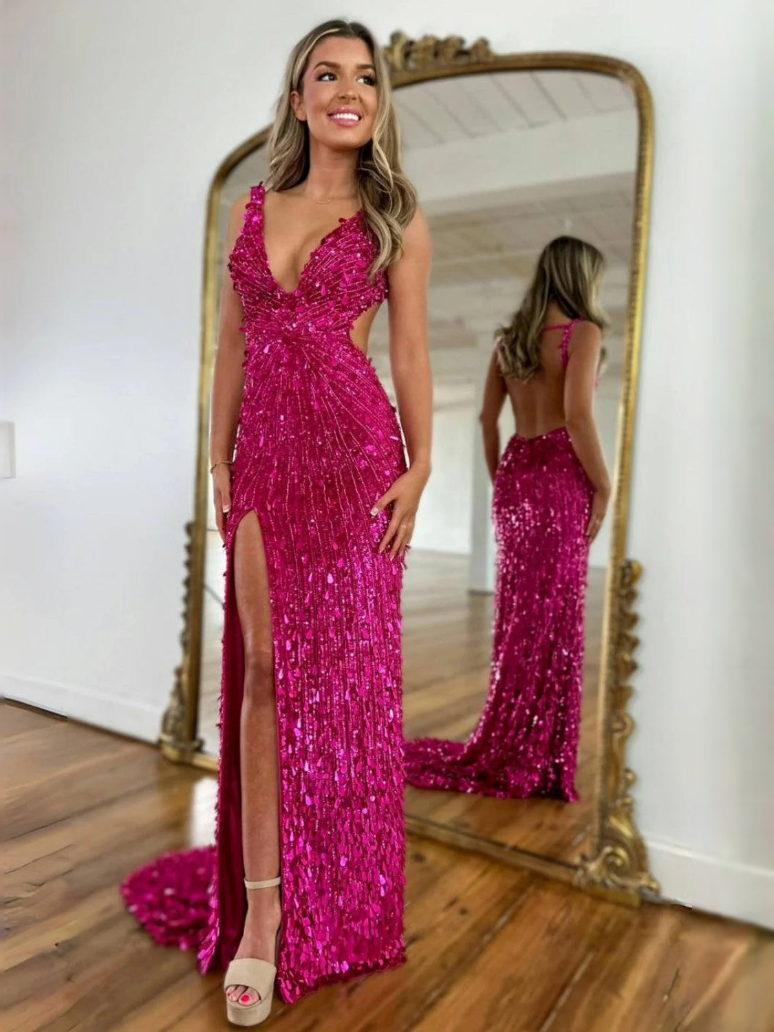 Slit V Neck Mermaid Floor-Length Prom Dress for Evening Banquet