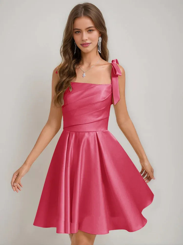 Corset Bow Square Neck A-Line Short Satin Homecoming Dress for Milestone Birthday