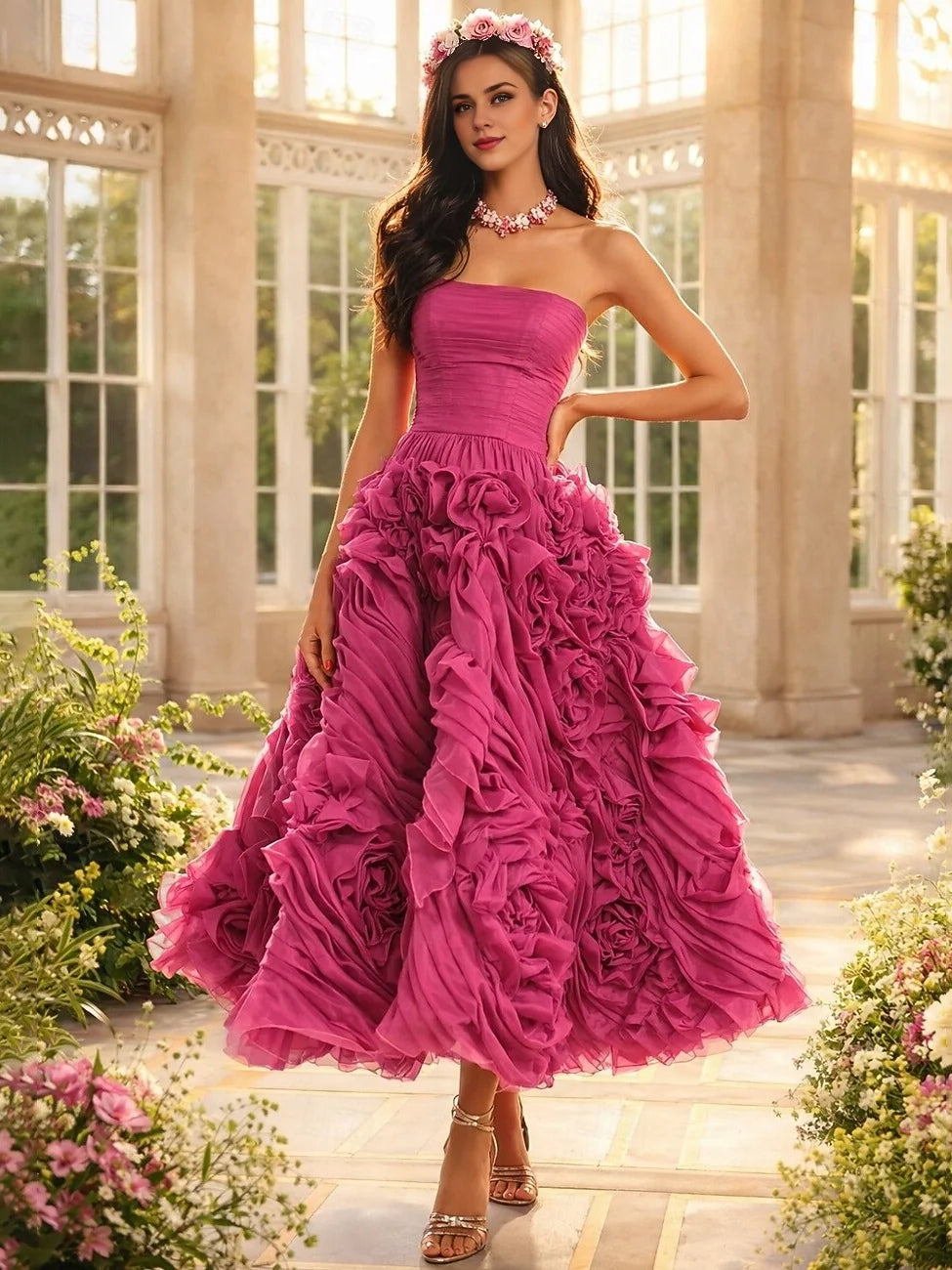 Hot Pink Ruched Corset Floral Ruffled Strapless A-Line Floor-Length Chiffon Prom Dress for Black Tie Event