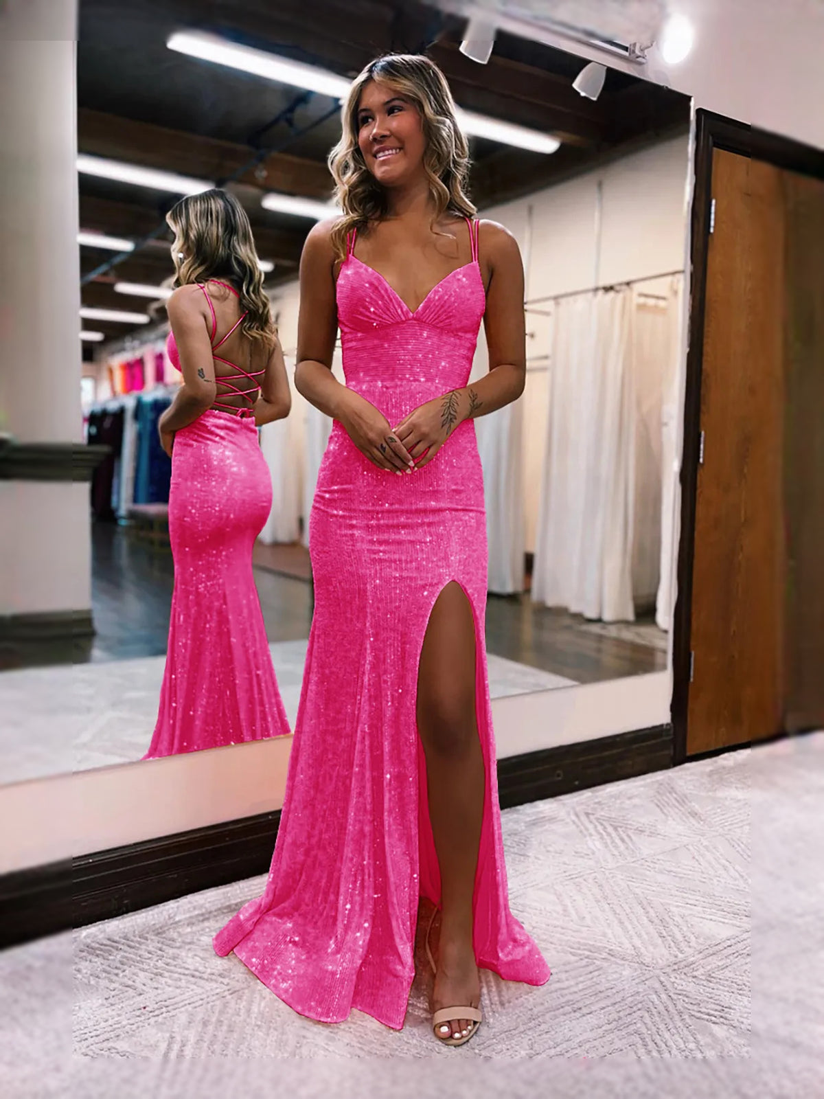 Sequin Slit V Neck Sheath Floor-Length Prom Dress for Prom Night