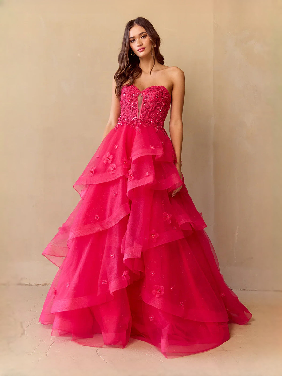 Tiered Ruffled Floral Sweetheart A-Line Floor-Length Tulle Prom Dress for Winter Formal