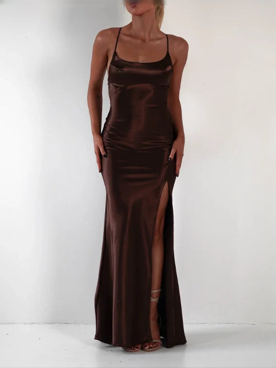 Draped Side-Slit Slit Cowl Neck Sheath Maxi Satin Prom Dress for Evening Banquet